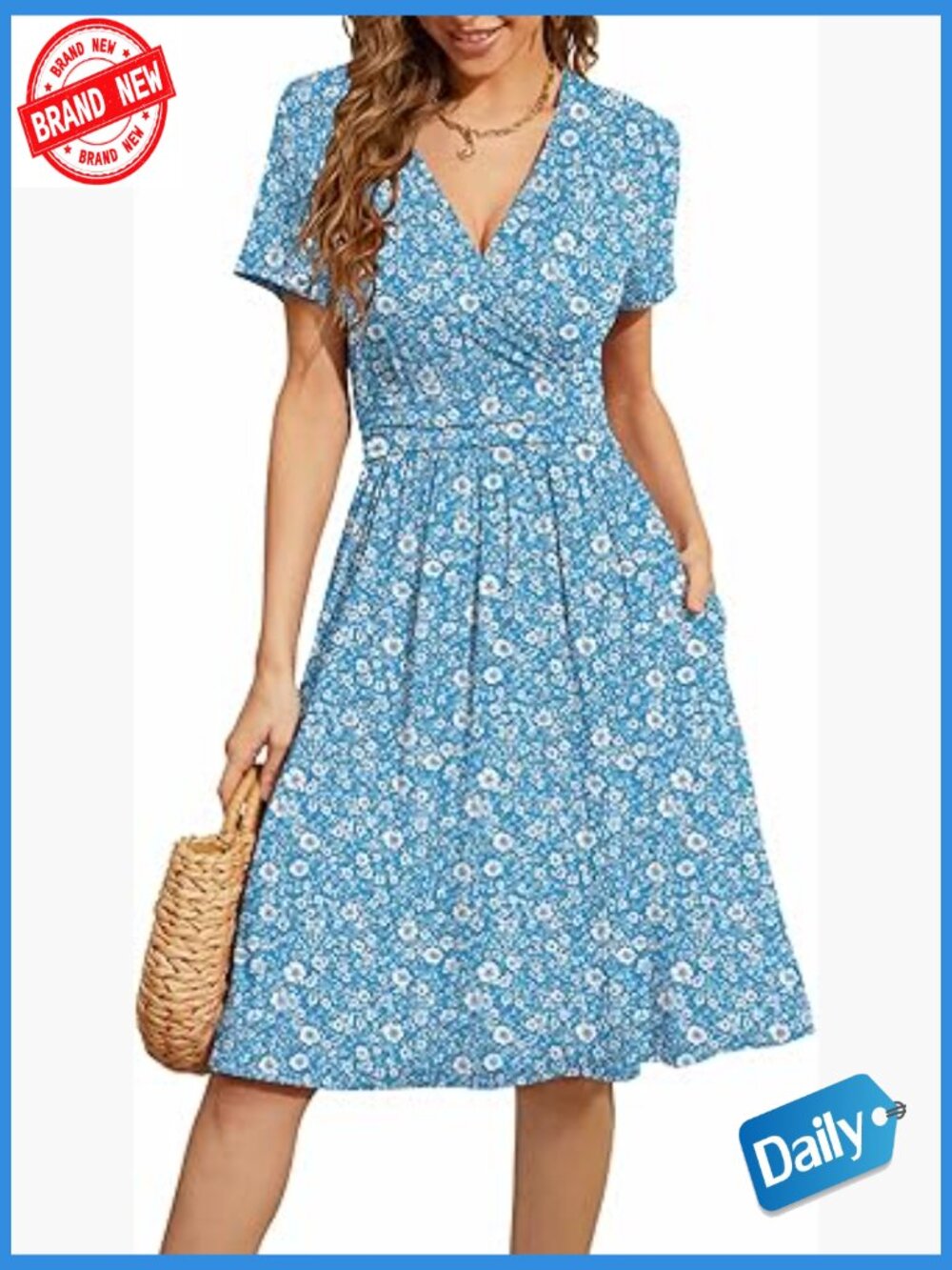 Summer Short Sleeve V-Neck Floral A-Line Dress with Pockets